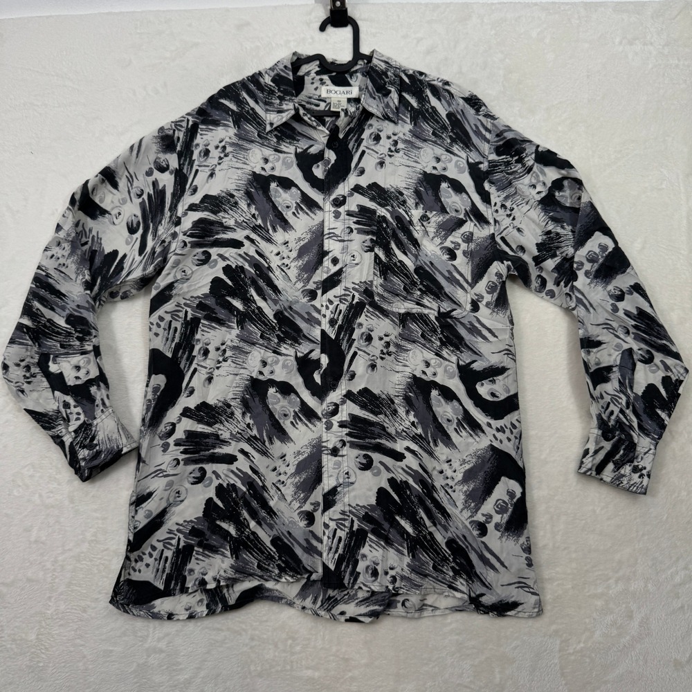 Bogari Button Down Mens Medium Black Gray 100% Silk Abstract Brushstroke Print